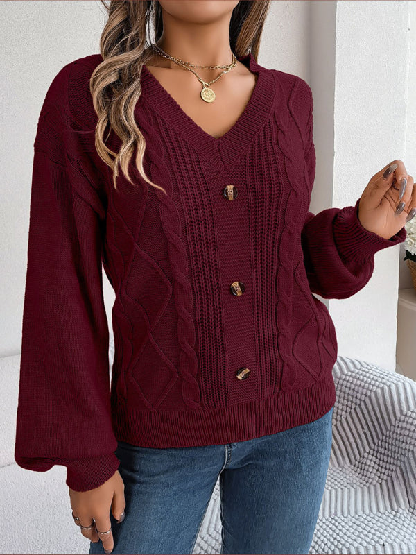 Sweaters- Autumn V-Neck Cable Knit Sweater with Delicate Button Accents- - Pekosa Women Clothing