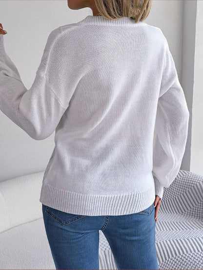 Sweaters- Autumn V-Neck Cable Knit Sweater with Delicate Button Accents- - Pekosa Women Clothing