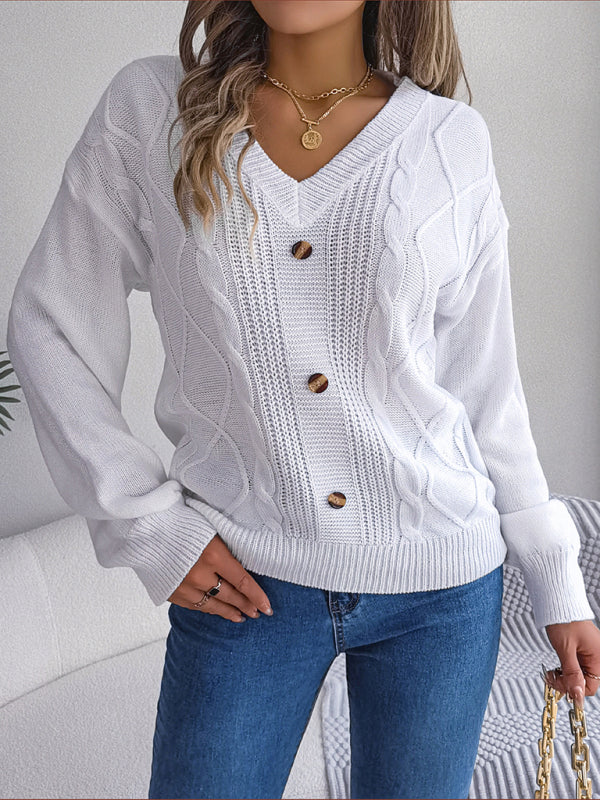 Sweaters- Autumn V-Neck Cable Knit Sweater with Delicate Button Accents- White- Pekosa Women Clothing