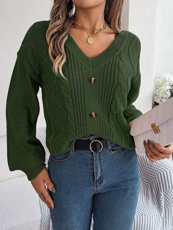 Sweaters- Autumn V-Neck Cable Knit Sweater with Delicate Button Accents- - Pekosa Women Clothing