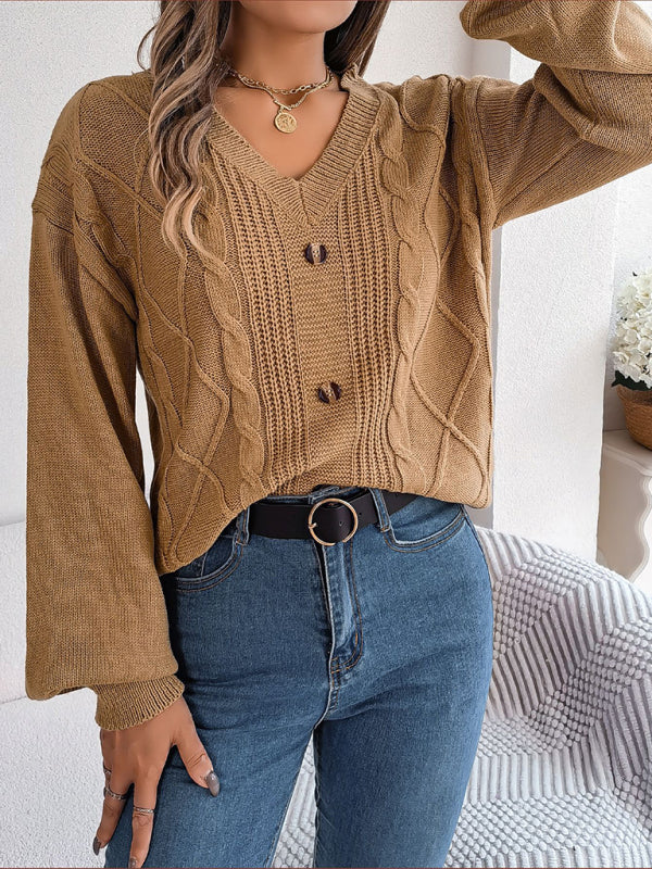 Sweaters- Autumn V-Neck Cable Knit Sweater with Delicate Button Accents- - Pekosa Women Clothing