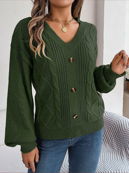 Sweaters- Autumn V-Neck Cable Knit Sweater with Delicate Button Accents- - Pekosa Women Clothing