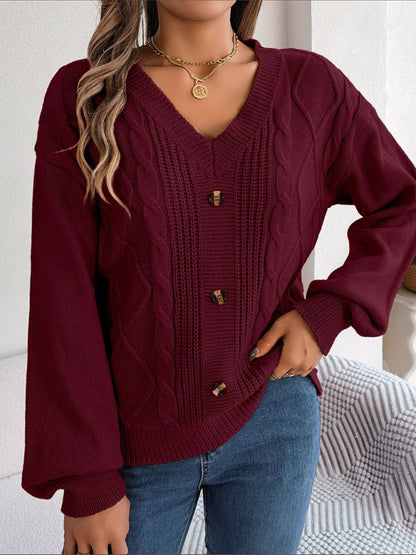 Sweaters- Autumn V-Neck Cable Knit Sweater with Delicate Button Accents- - Pekosa Women Clothing