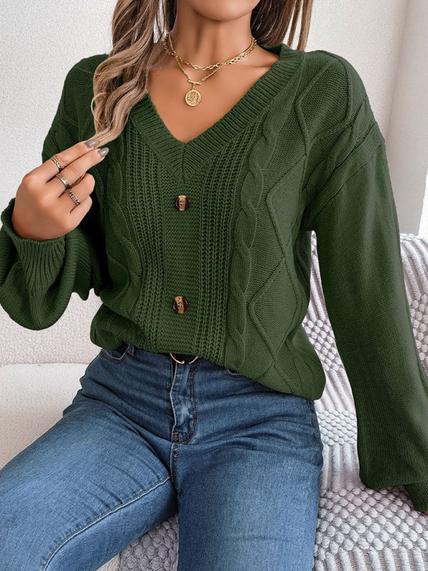 Sweaters- Autumn V-Neck Cable Knit Sweater with Delicate Button Accents- - Pekosa Women Clothing