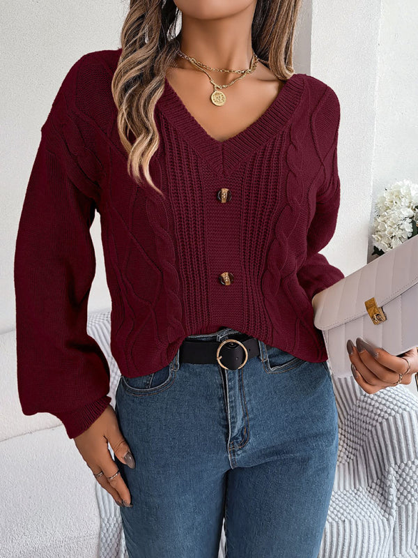 Sweaters- Autumn V-Neck Cable Knit Sweater with Delicate Button Accents- - Pekosa Women Clothing