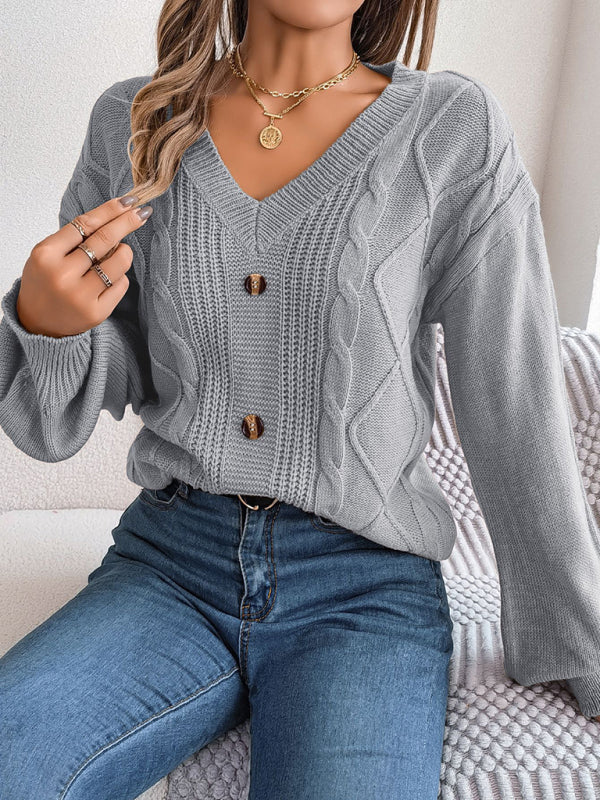 Sweaters- Autumn V-Neck Cable Knit Sweater with Delicate Button Accents- - Pekosa Women Clothing