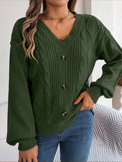 Sweaters- Autumn V-Neck Cable Knit Sweater with Delicate Button Accents- - Pekosa Women Clothing