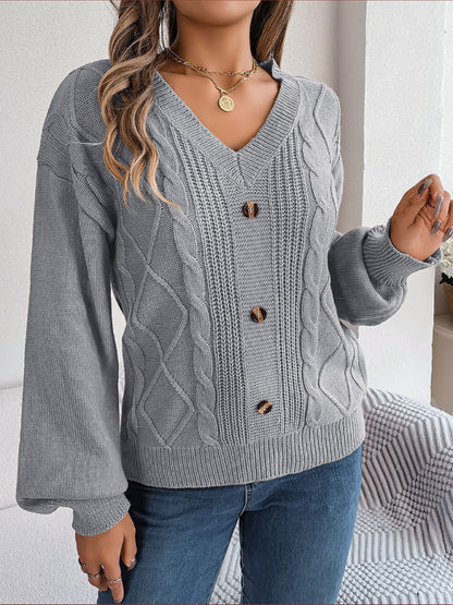 Sweaters- Autumn V-Neck Cable Knit Sweater with Delicate Button Accents- - Pekosa Women Clothing