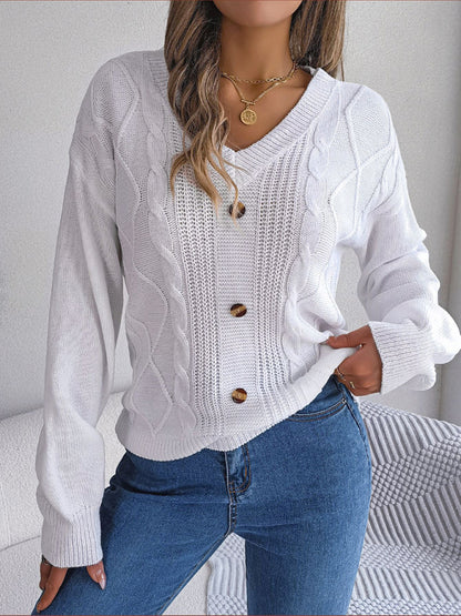 Sweaters- Autumn V-Neck Cable Knit Sweater with Delicate Button Accents- - Pekosa Women Clothing