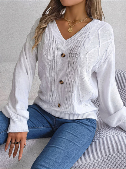 Sweaters- Autumn V-Neck Cable Knit Sweater with Delicate Button Accents- - Pekosa Women Clothing