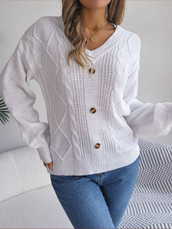 Sweaters- Autumn V-Neck Cable Knit Sweater with Delicate Button Accents- - Pekosa Women Clothing