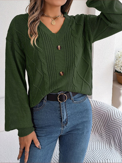 Sweaters- Autumn V-Neck Cable Knit Sweater with Delicate Button Accents- Olive green- Pekosa Women Clothing