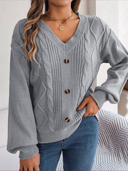 Sweaters- Autumn V-Neck Cable Knit Sweater with Delicate Button Accents- Grey- Pekosa Women Clothing