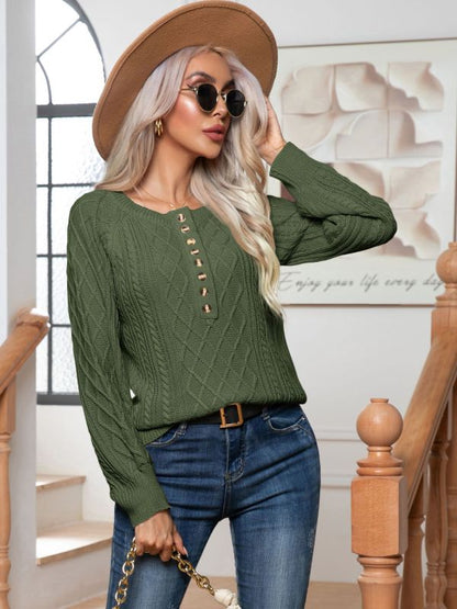 Sweaters- Autumn's Essential Sweater - Half-Buttoned Knit Jumper- Green- Pekosa Women Clothing