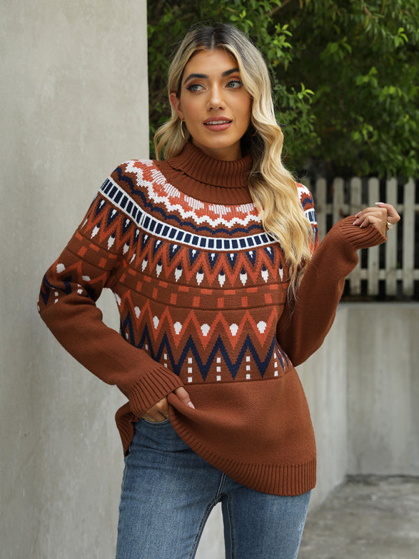 Sweaters- Aztec Knit Chunky Turtleneck Sweater- - Pekosa Women Clothing