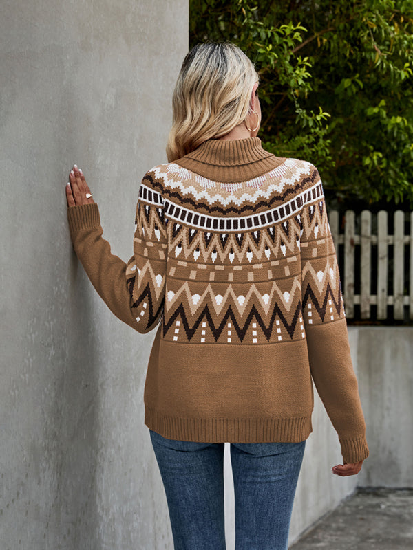 Sweaters- Aztec Knit Chunky Turtleneck Sweater- - Pekosa Women Clothing