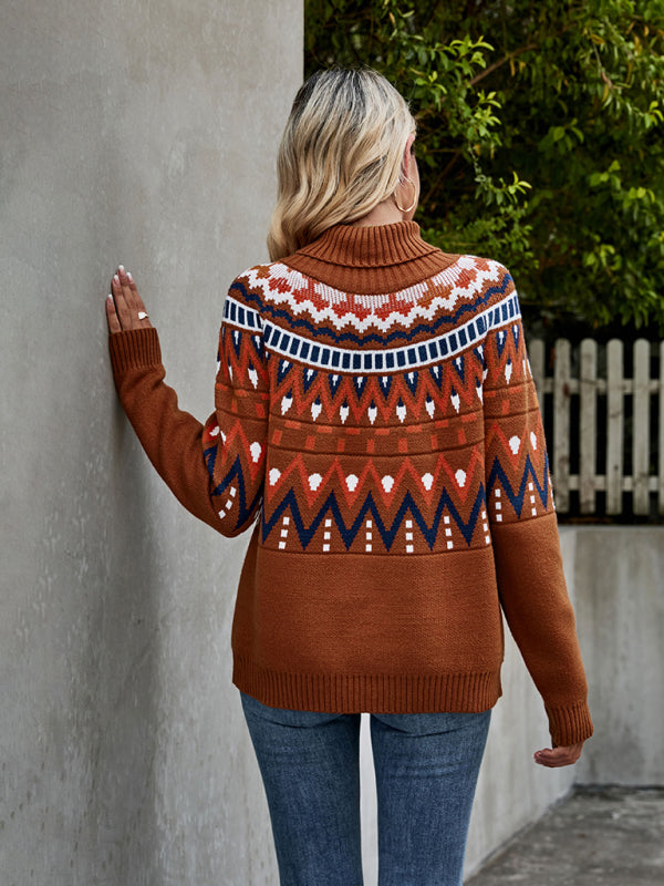 Sweaters- Aztec Knit Chunky Turtleneck Sweater- - Pekosa Women Clothing