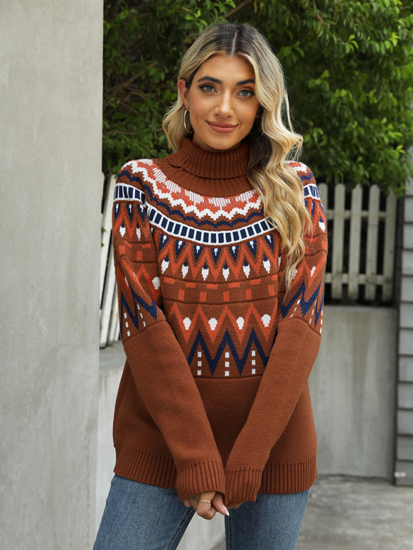 Sweaters- Aztec Knit Chunky Turtleneck Sweater- - Pekosa Women Clothing