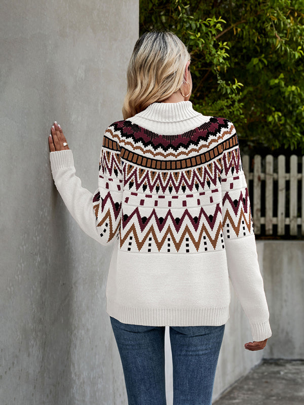 Sweaters- Aztec Knit Chunky Turtleneck Sweater- - Pekosa Women Clothing