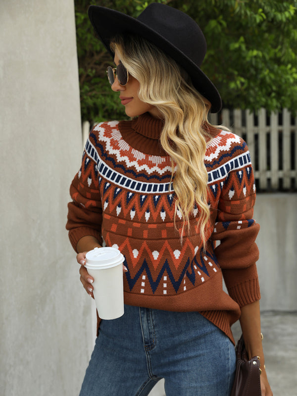 Sweaters- Aztec Knit Chunky Turtleneck Sweater- - Pekosa Women Clothing