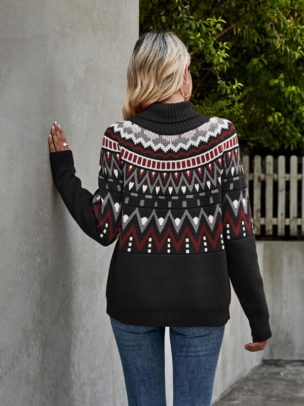 Sweaters- Aztec Knit Chunky Turtleneck Sweater- - Pekosa Women Clothing