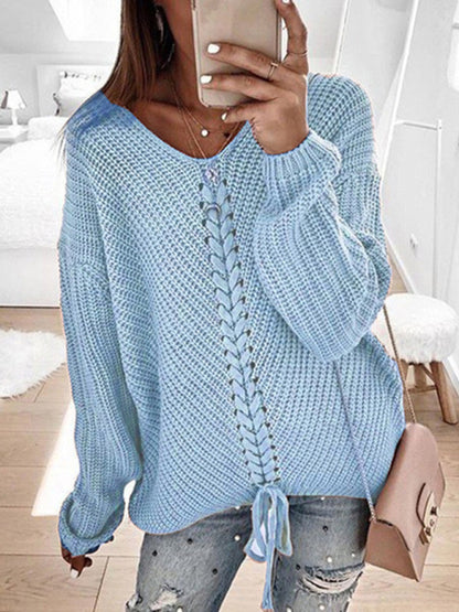 Sweaters- Braid Knit Sweater | Relaxed Drop Shoulder Jumper- Blue- Pekosa Women Clothing