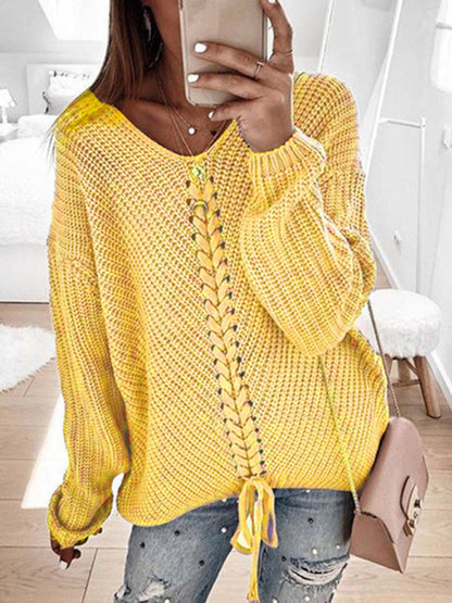 Sweaters- Braid Knit Sweater | Relaxed Drop Shoulder Jumper- Yellow- Pekosa Women Clothing