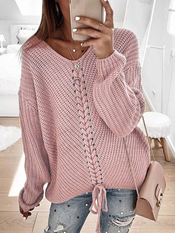 Sweaters- Braid Knit Sweater | Relaxed Drop Shoulder Jumper- Pink- Pekosa Women Clothing