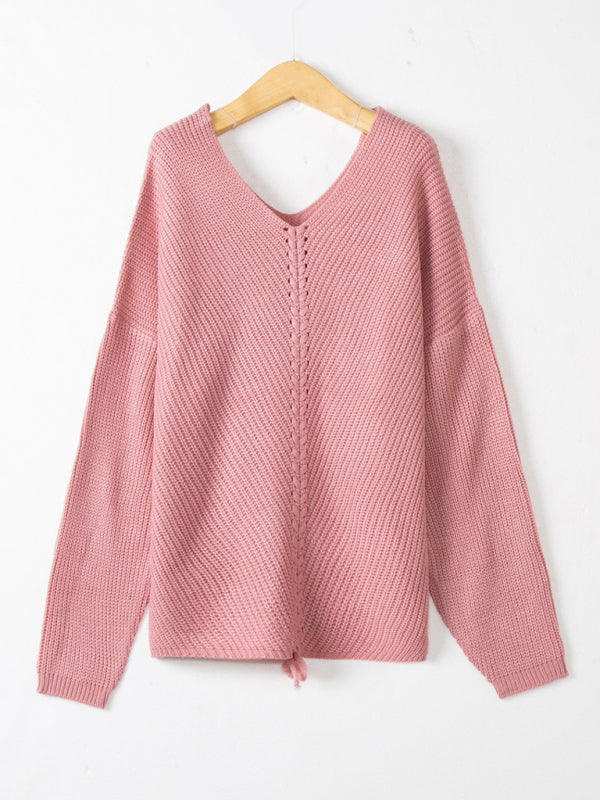 Sweaters- Braid Knit Sweater | Relaxed Drop Shoulder Jumper- - Pekosa Women Clothing