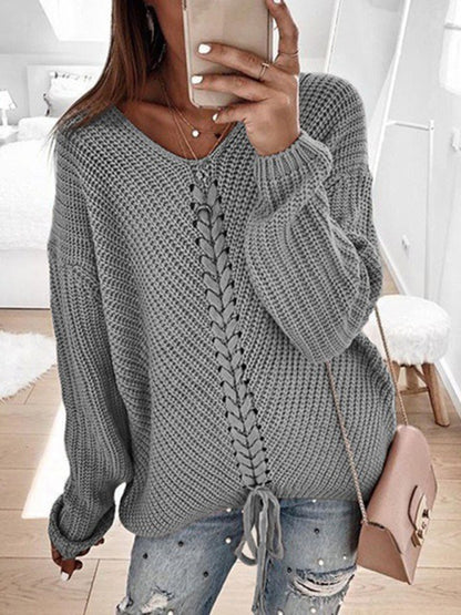 Sweaters- Braid Knit Sweater | Relaxed Drop Shoulder Jumper- Grey- Pekosa Women Clothing