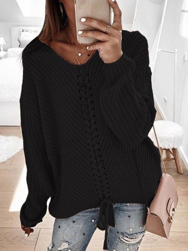 Sweaters- Braid Knit Sweater | Relaxed Drop Shoulder Jumper- Black- Pekosa Women Clothing