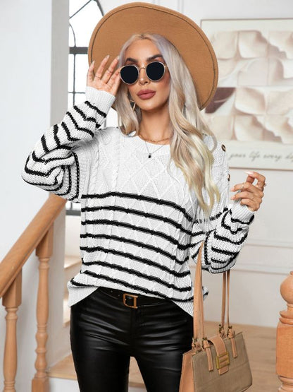 Sweaters- Buttoned Bliss: Drop Shoulder Stripe Sweater Jumper- White- Pekosa Women Clothing