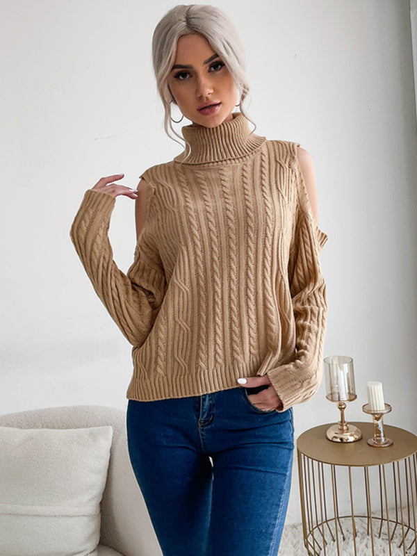 Sweaters- Cable Braid Knit Turtleneck Sweater - Cold Shoulder Jumper- - Pekosa Women Clothing