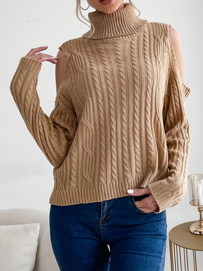 Sweaters- Cable Braid Knit Turtleneck Sweater - Cold Shoulder Jumper- Khaki- Pekosa Women Clothing