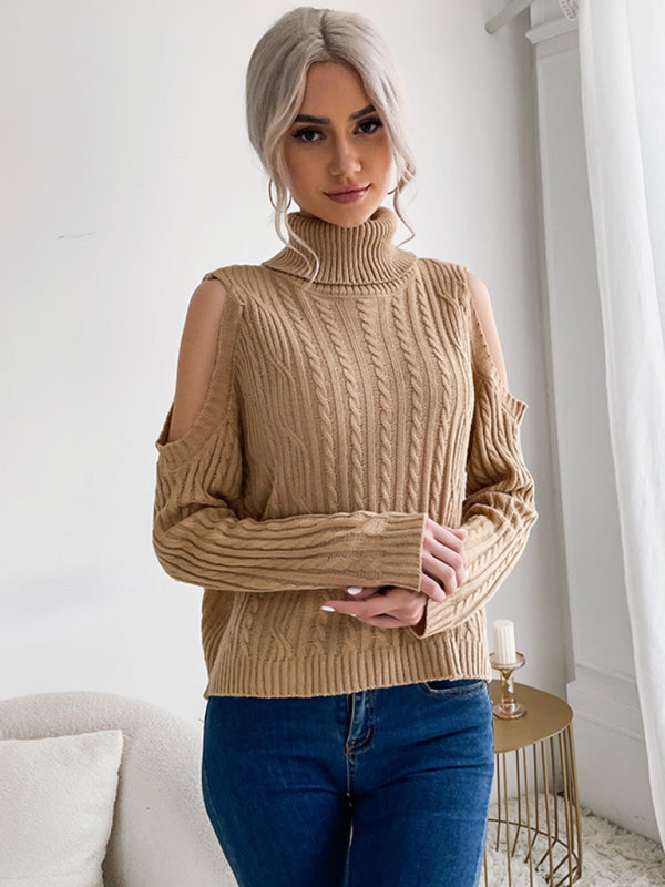 Sweaters- Cable Braid Knit Turtleneck Sweater - Cold Shoulder Jumper- - Pekosa Women Clothing