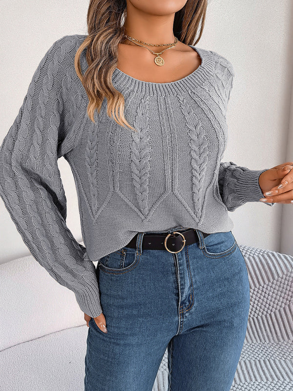 Sweaters- Cable Knit Autumn/Winter Scoop Neck Sweater- - Pekosa Women Clothing