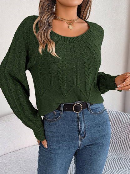 Sweaters- Cable Knit Autumn/Winter Scoop Neck Sweater- - Pekosa Women Clothing