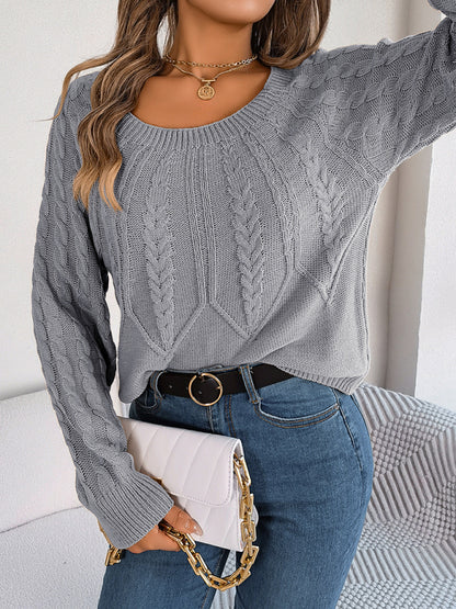 Sweaters- Cable Knit Autumn/Winter Scoop Neck Sweater- Grey- Pekosa Women Clothing