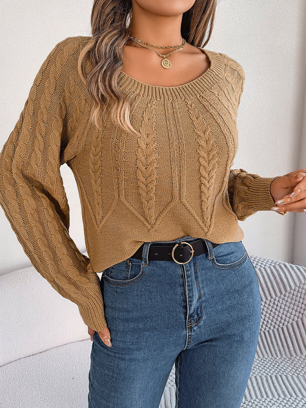 Sweaters- Cable Knit Autumn/Winter Scoop Neck Sweater- - Pekosa Women Clothing