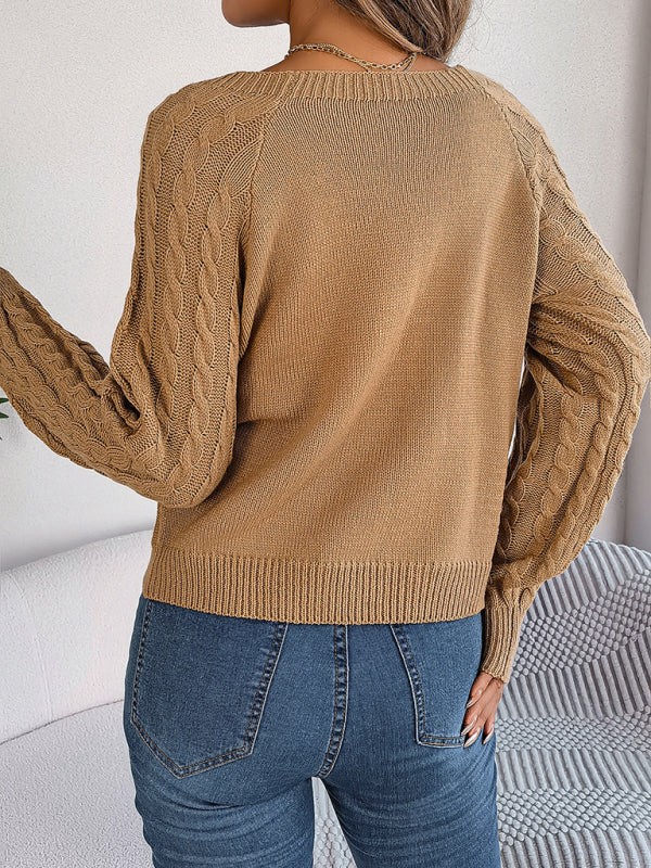 Sweaters- Cable Knit Autumn/Winter Scoop Neck Sweater- - Pekosa Women Clothing