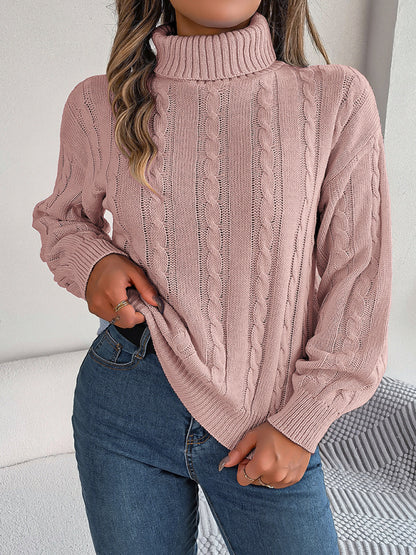 Sweaters- Cable Knit Autumn/Winter Turtleneck Sweater with Lantern Sleeves- - Pekosa Women Clothing