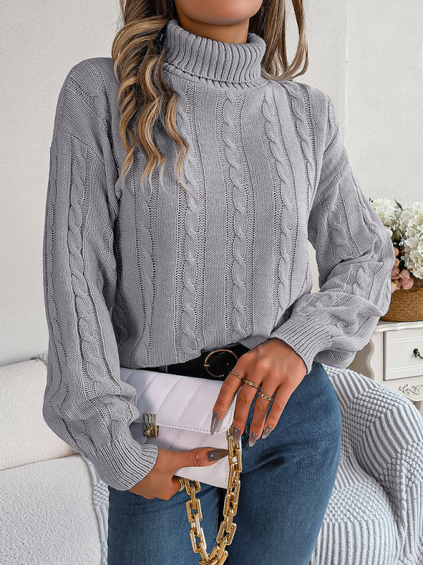 Sweaters- Cable Knit Autumn/Winter Turtleneck Sweater with Lantern Sleeves- - Pekosa Women Clothing