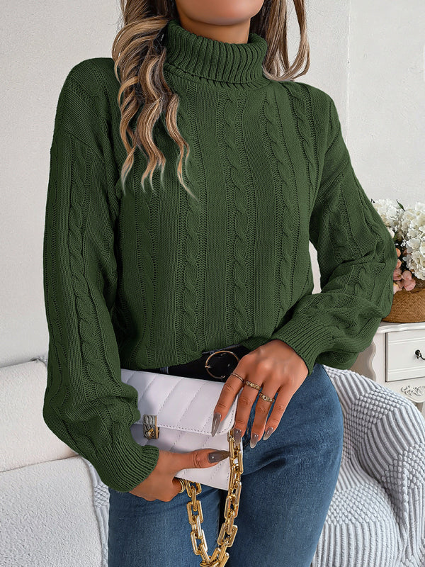 Sweaters- Cable Knit Autumn/Winter Turtleneck Sweater with Lantern Sleeves- - Pekosa Women Clothing