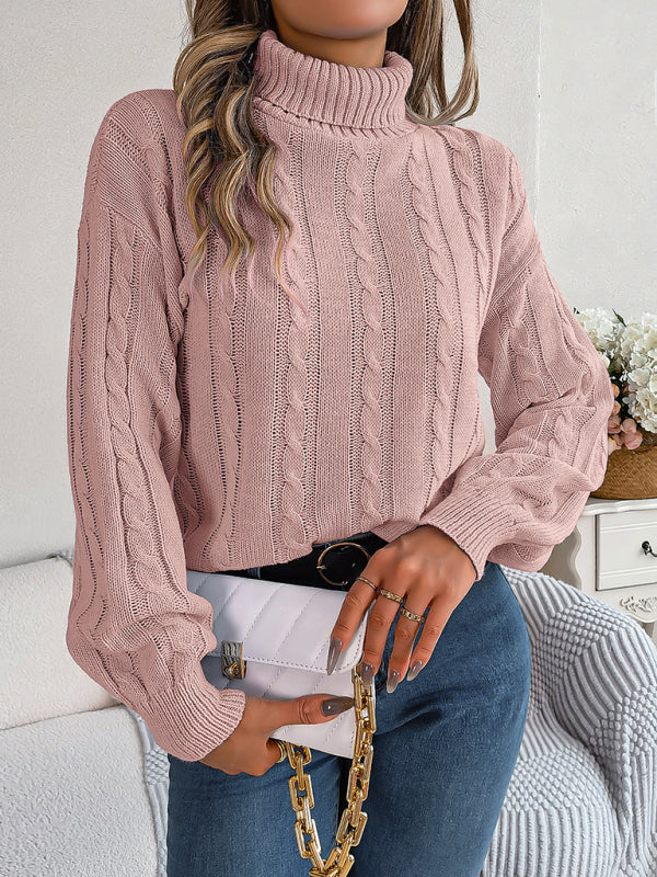 Sweaters- Cable Knit Autumn/Winter Turtleneck Sweater with Lantern Sleeves- - Pekosa Women Clothing