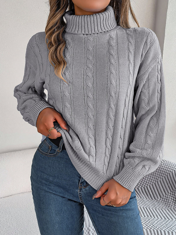 Sweaters- Cable Knit Autumn/Winter Turtleneck Sweater with Lantern Sleeves- - Pekosa Women Clothing