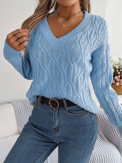 Sweaters- Cable Knit Charm Autumn/Winter V-Neck Sweater- Blue- Pekosa Women Clothing