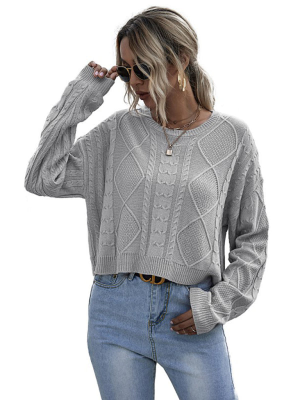Sweaters- Cable Knit Drop Shoulder Sweater- - Pekosa Women Clothing