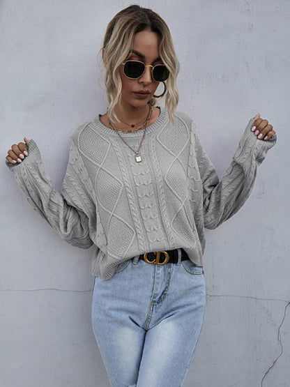 Sweaters- Cable Knit Drop Shoulder Sweater- Grey- Pekosa Women Clothing