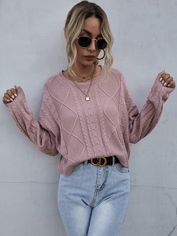 Sweaters- Cable Knit Drop Shoulder Sweater- Pink- Pekosa Women Clothing