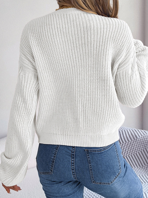 Sweaters- Cable Knitted Drop Shoulder Sweater- - Pekosa Women Clothing